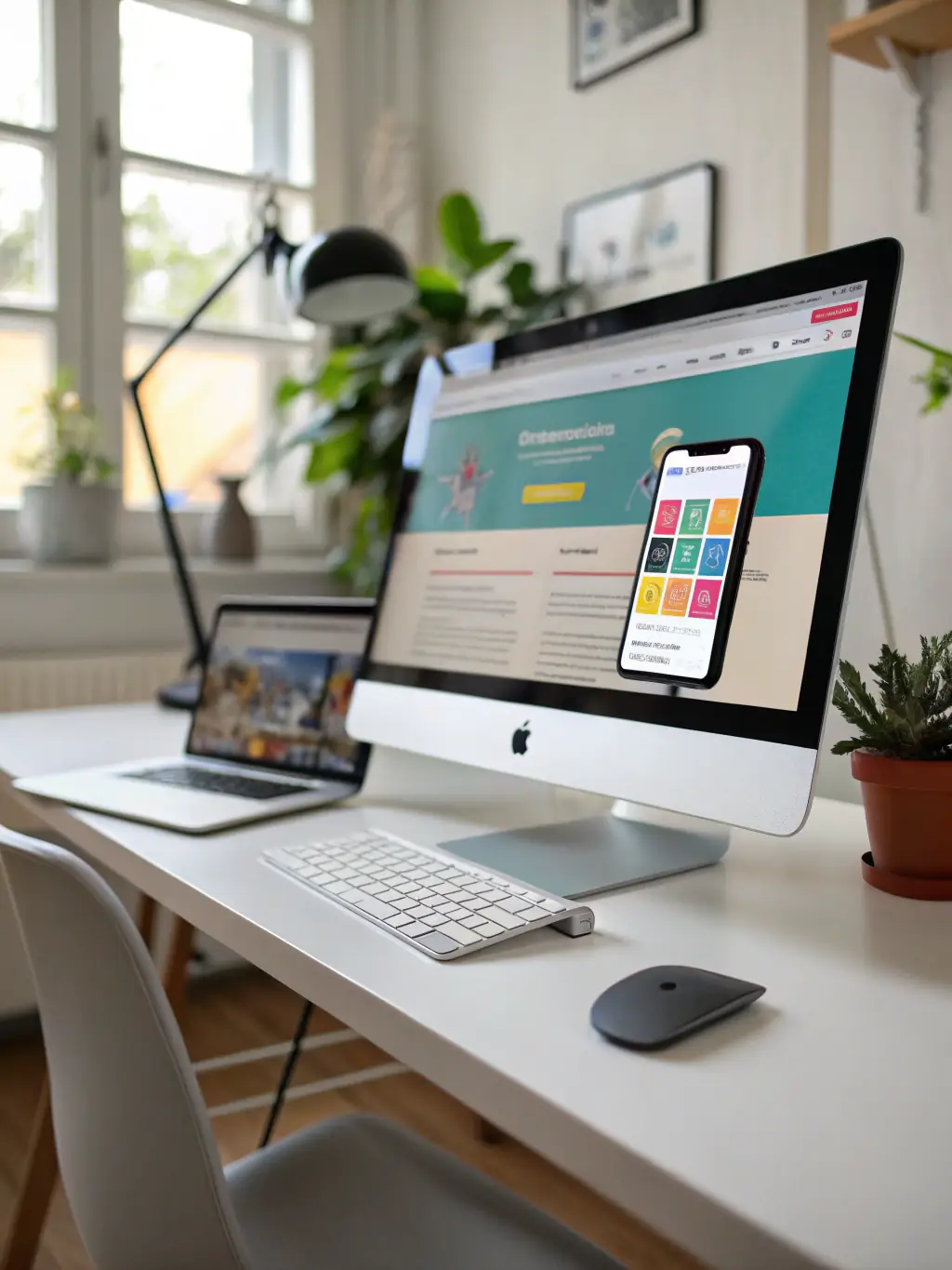 A screenshot of a sleek, responsive website on a mobile device and desktop, emphasizing speed and design quality, showcasing web design services.