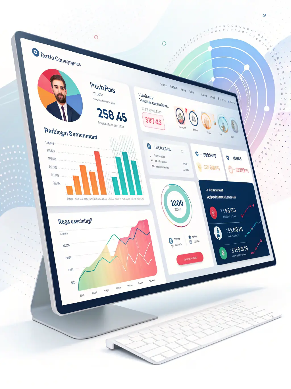 An image depicting a digital dashboard with analytics, social media icons, and marketing icons, representing comprehensive digital marketing solutions.