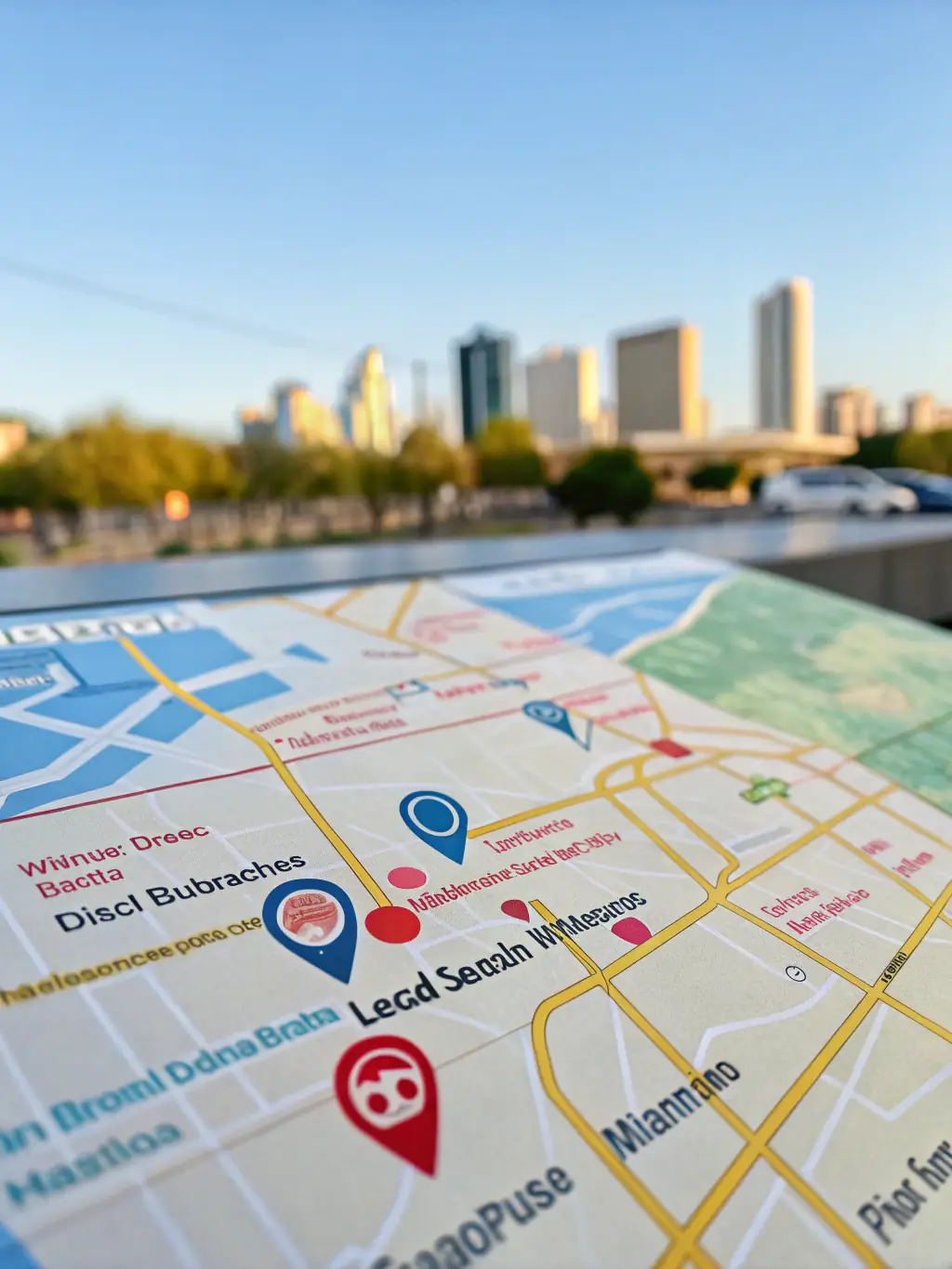 An image showing a map with multiple location pins and a highlighted business listing at the top of local search results, representing local SEO services.