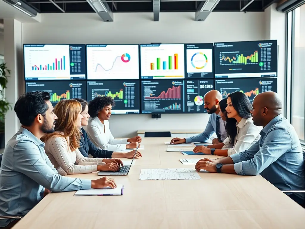 A professional workspace with a team collaborating on SEO strategies, analyzing data, and optimizing content for a client's website, showcasing PureRank Strategies' expertise in SEO.
